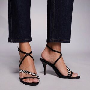 Silver Studded Black Strappy Heeled Sandals NIB Size 8